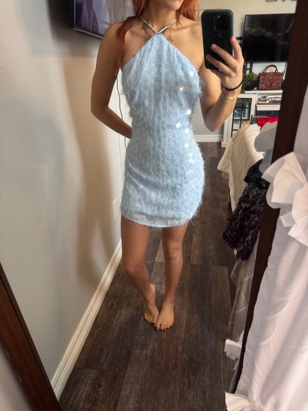 Peppermayo Pale Blue Halter Faux-Fur Mini Dress